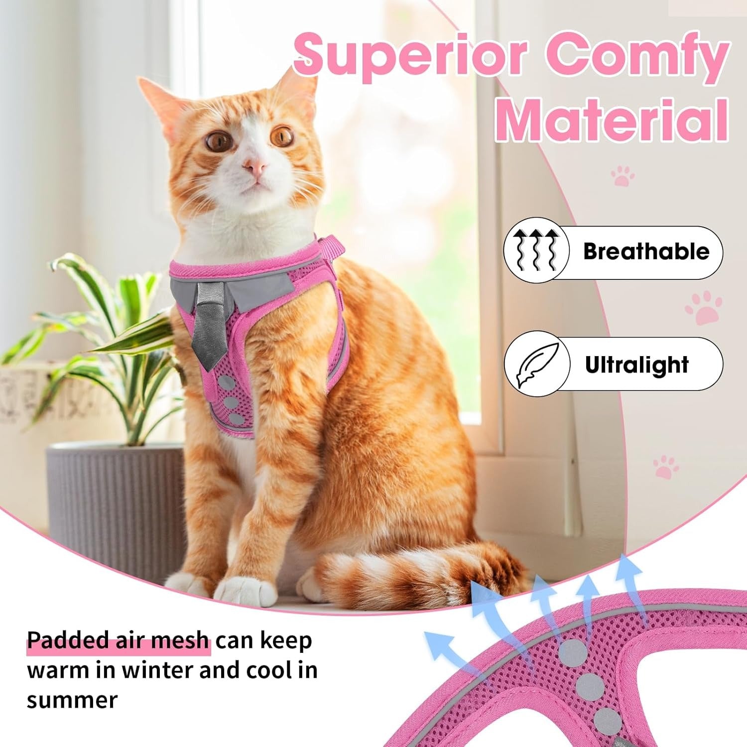 Escape Proof Harness and Leash Set for Cats and Small Pets | Adjustable Breathable Mesh Vest with Reflective Safety Strips | Secure Walking Harness for Kitten, Puppy, Bunny