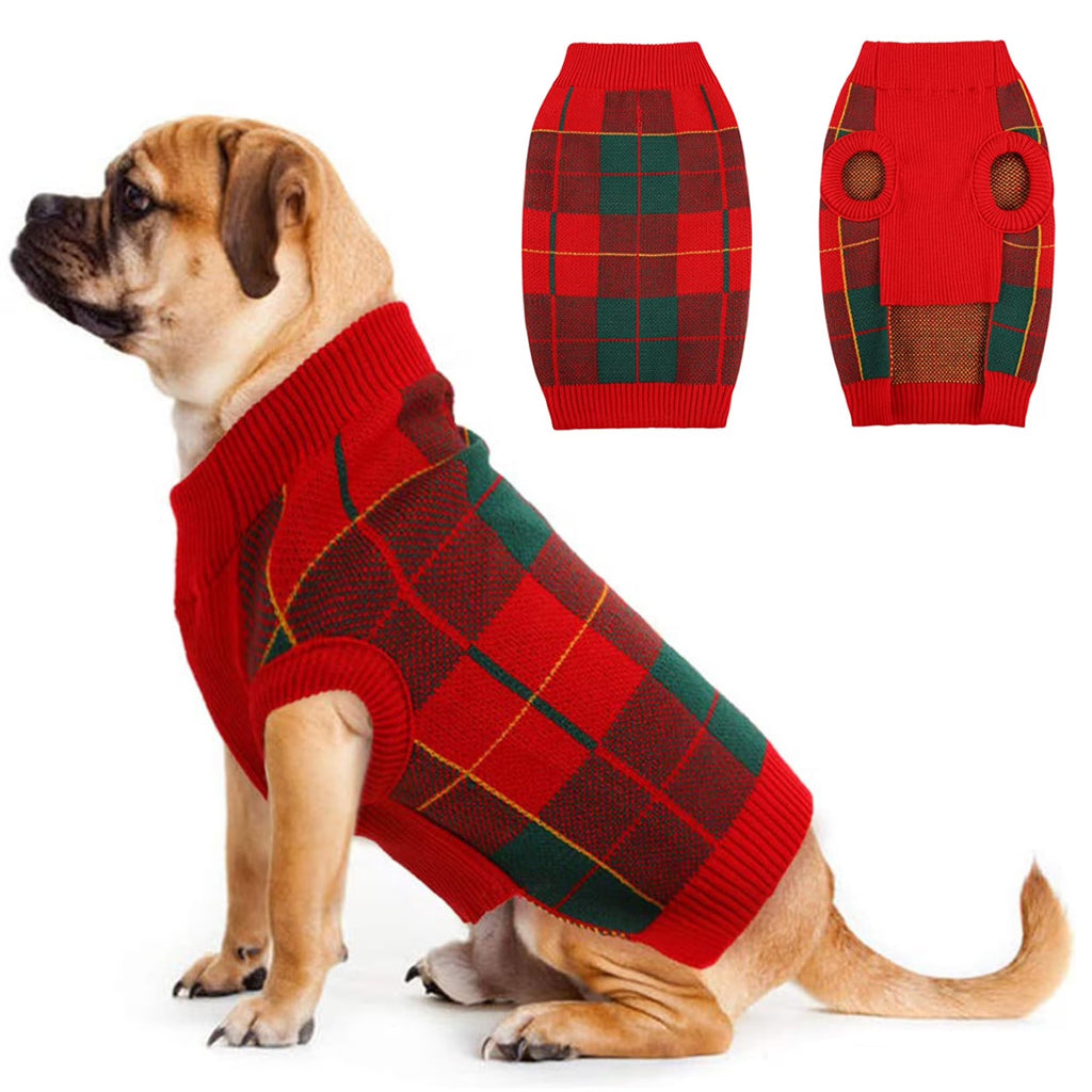 Festive Dog Christmas Sweater for Small and Medium Dogs and Cats, Red and Green Plaid Knit Turtleneck Winter Vest, Holiday Pet Clothing for Warmth and Style