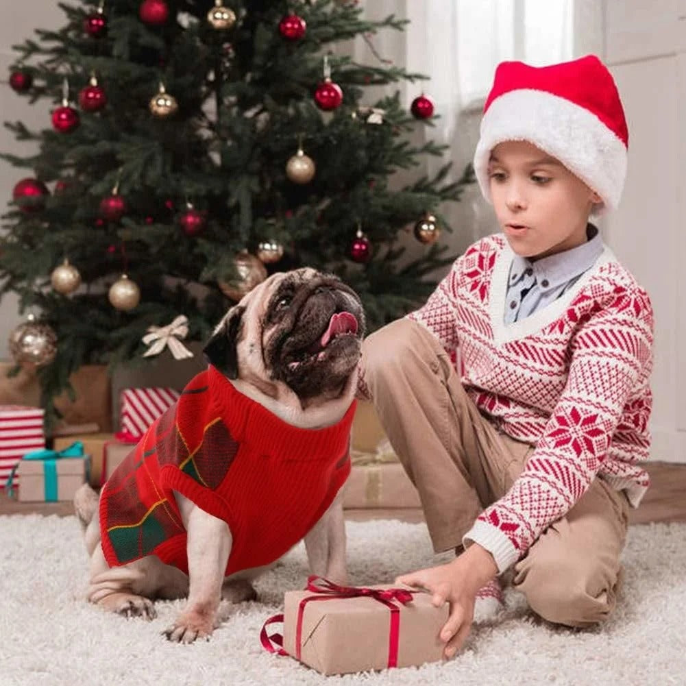 Festive Dog Christmas Sweater for Small and Medium Dogs and Cats, Red and Green Plaid Knit Turtleneck Winter Vest, Holiday Pet Clothing for Warmth and Style