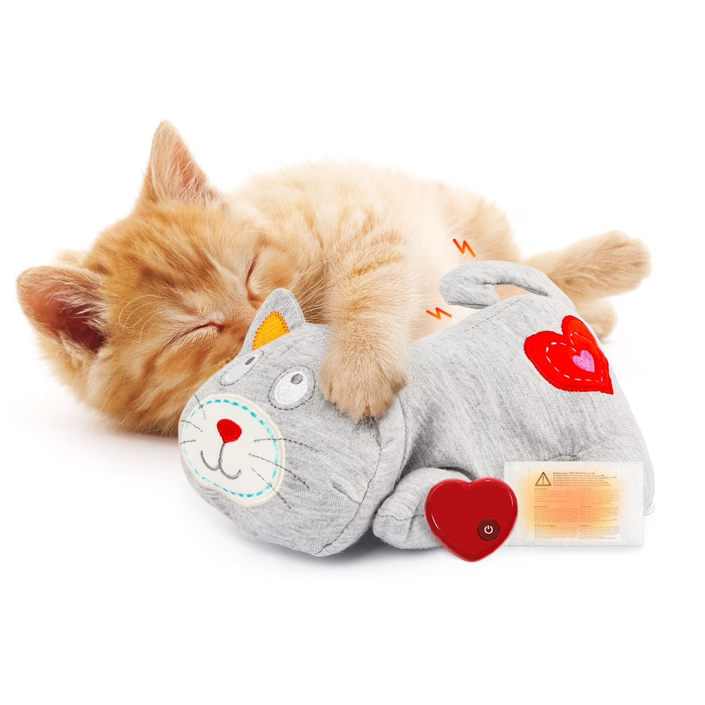 Heartbeat Plush Cat Toy with Heat Pack for Anxiety Relief, Sleep Aid, and Indoor Kitten Comfort, Gray Snuggle Toy