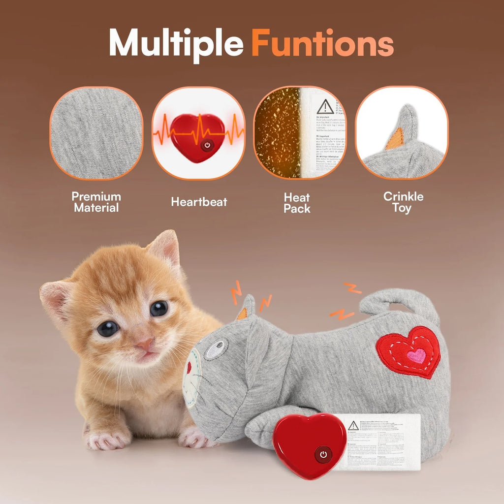 Heartbeat Plush Cat Toy with Heat Pack for Anxiety Relief, Sleep Aid, and Indoor Kitten Comfort, Gray Snuggle Toy