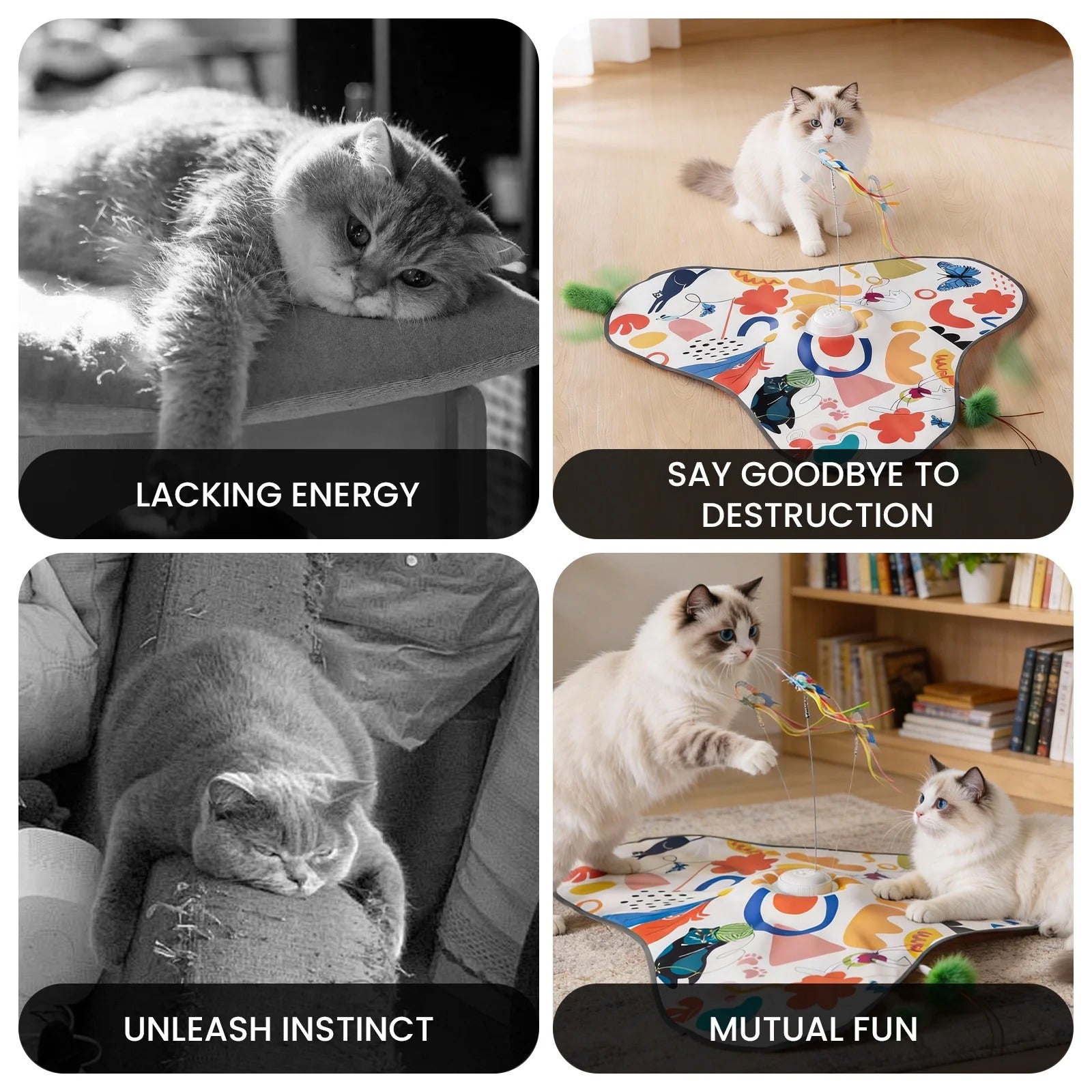 Interactive Hide-and-Seek Cat Toy with Feather Tail and Butterfly Teaser, Touch-Activated Motion Toy with Cat Meow, Mouse Squeak, and Insect Chirp for Indoor Cats