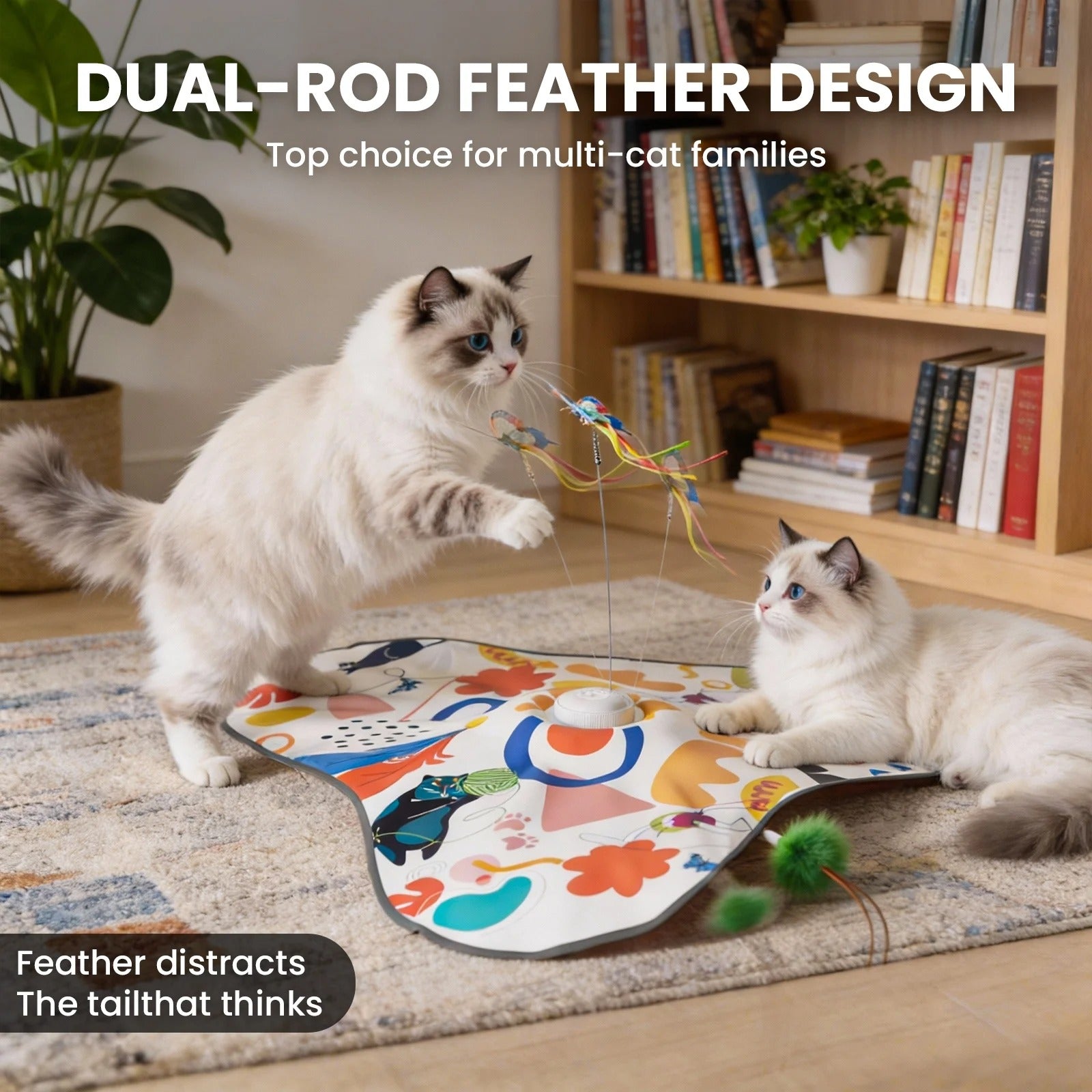 Interactive Hide-and-Seek Cat Toy with Feather Tail and Butterfly Teaser, Touch-Activated Motion Toy with Cat Meow, Mouse Squeak, and Insect Chirp for Indoor Cats