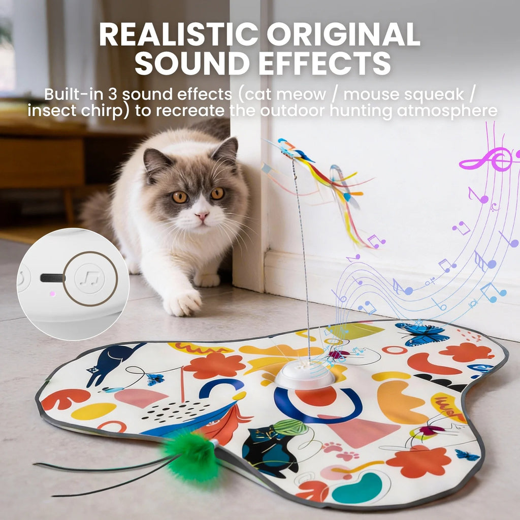 Interactive Hide-and-Seek Cat Toy with Feather Tail and Butterfly Teaser, Touch-Activated Motion Toy with Cat Meow, Mouse Squeak, and Insect Chirp for Indoor Cats
