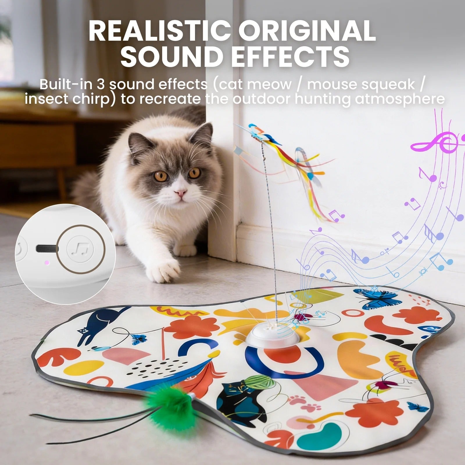 Interactive Hide-and-Seek Cat Toy with Feather Tail and Butterfly Teaser, Touch-Activated Motion Toy with Cat Meow, Mouse Squeak, and Insect Chirp for Indoor Cats