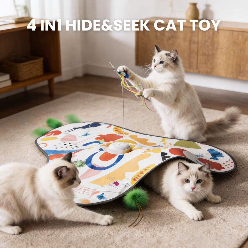 Interactive Hide-and-Seek Cat Toy with Feather Tail and Butterfly Teaser, Touch-Activated Motion Toy with Cat Meow, Mouse Squeak, and Insect Chirp for Indoor Cats