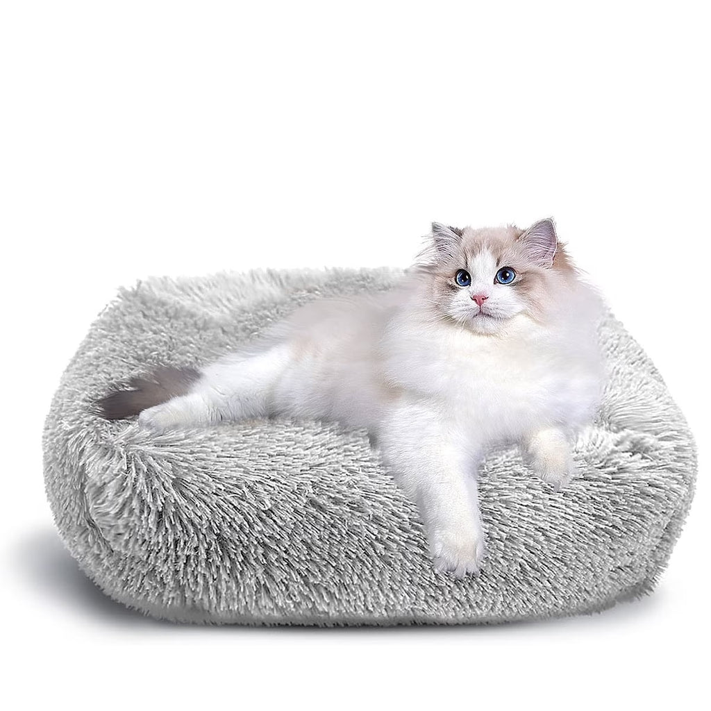 Plush Indoor Cat and Small Dog Bed | Self-Warming Soft Square Cushion with Anti-Slip Bottom | Washable Pet Nest for Cats and Dogs up to 15 lbs (22 x 18 x 8 inch, Gray)