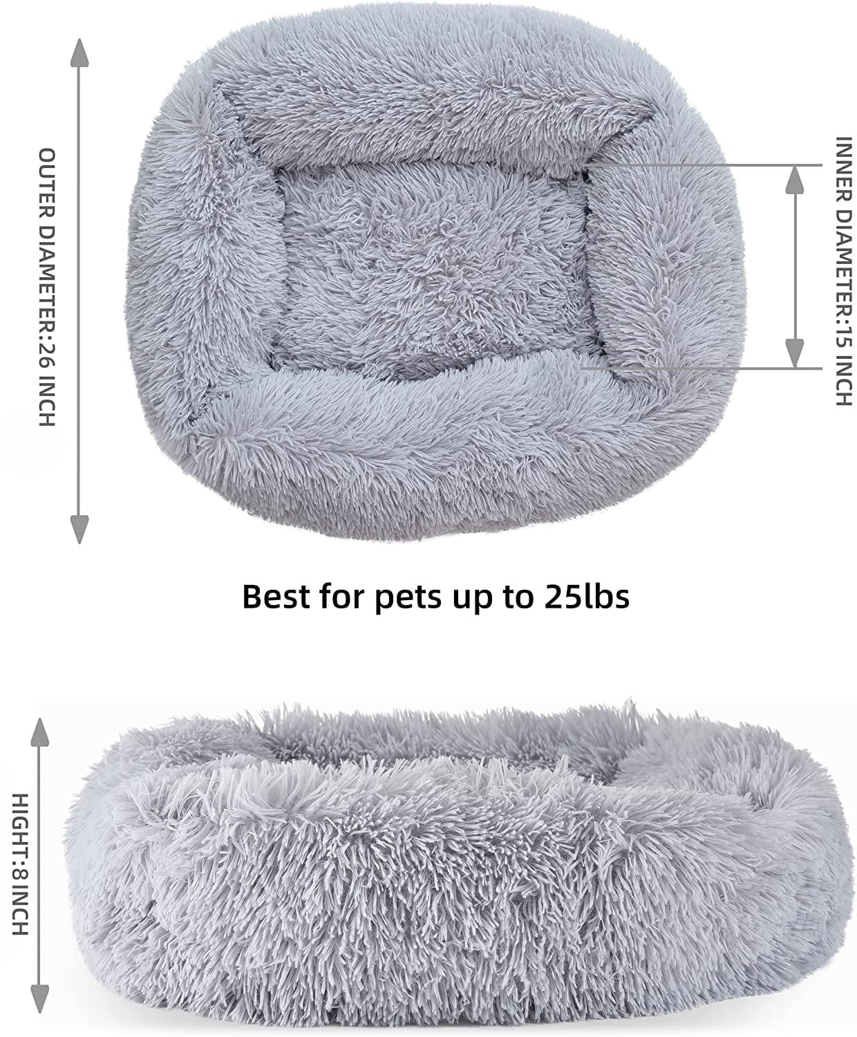 Plush Indoor Cat and Small Dog Bed | Self-Warming Soft Square Cushion with Anti-Slip Bottom | Washable Pet Nest for Cats and Dogs up to 15 lbs (22 x 18 x 8 inch, Gray)