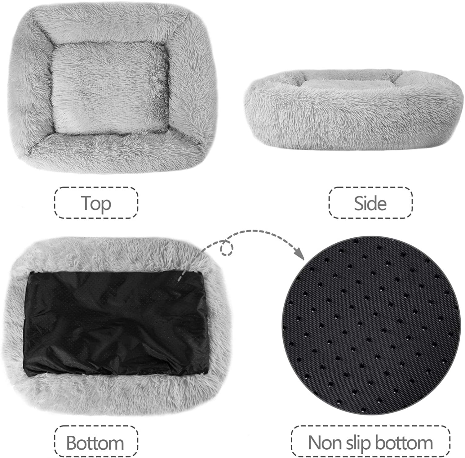 Plush Indoor Cat and Small Dog Bed | Self-Warming Soft Square Cushion with Anti-Slip Bottom | Washable Pet Nest for Cats and Dogs up to 15 lbs (22 x 18 x 8 inch, Gray)